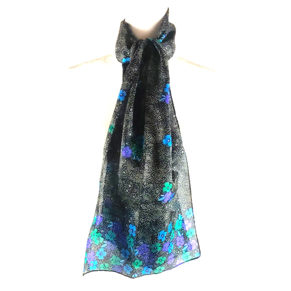 Sarah Coventry Rectangle Scarf 10" X 52" Black Dots Blue Flowers - Picture 6 of 8